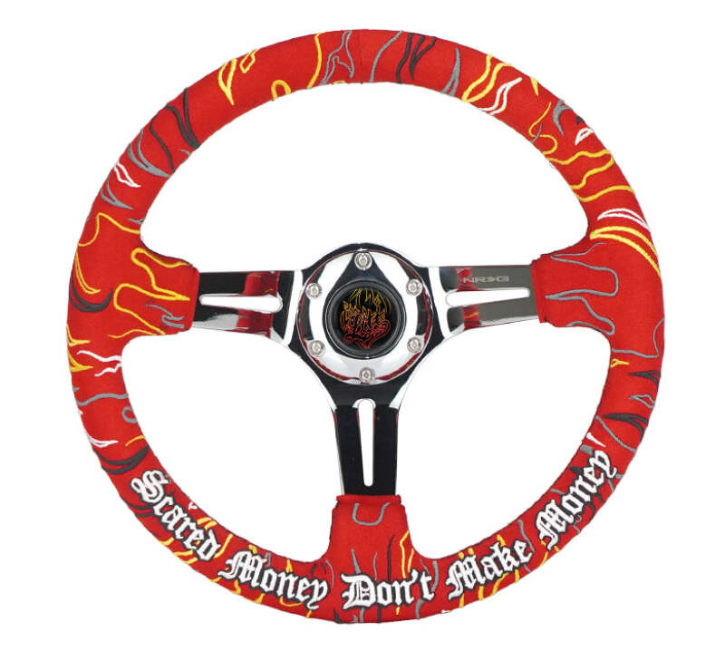 NRG Reinforced Steering Wheel R Litteral Sig 3in Deep/5mm Chrome Spoke - Red Alcantara w/ Red Stitch - RST-018CH-RLR