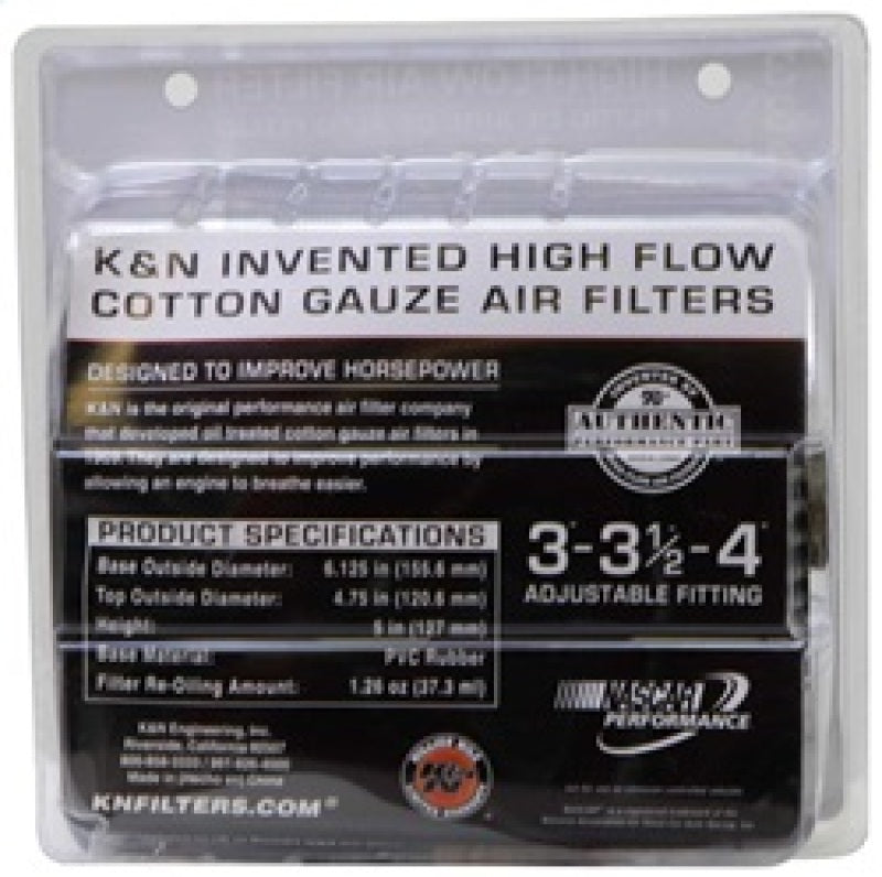 K&N Universal Air Filter Chrome Round Tapered Red - 4in Flange ID x 1.125in Flange Length x 5.5in H - RG-1001RD