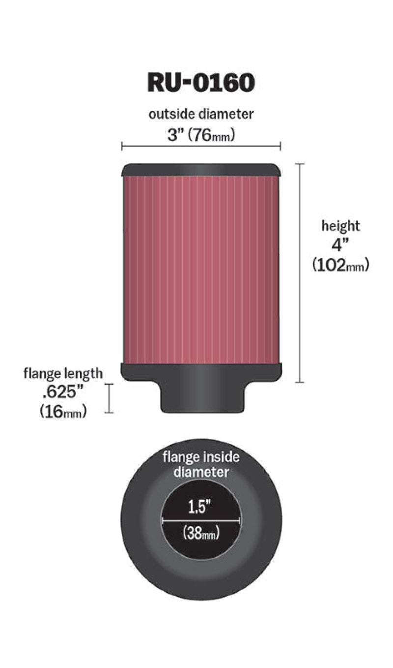K&N Universal Rubber Filter 1 1/2in FLG 3in OD 4in Height - RU-0160