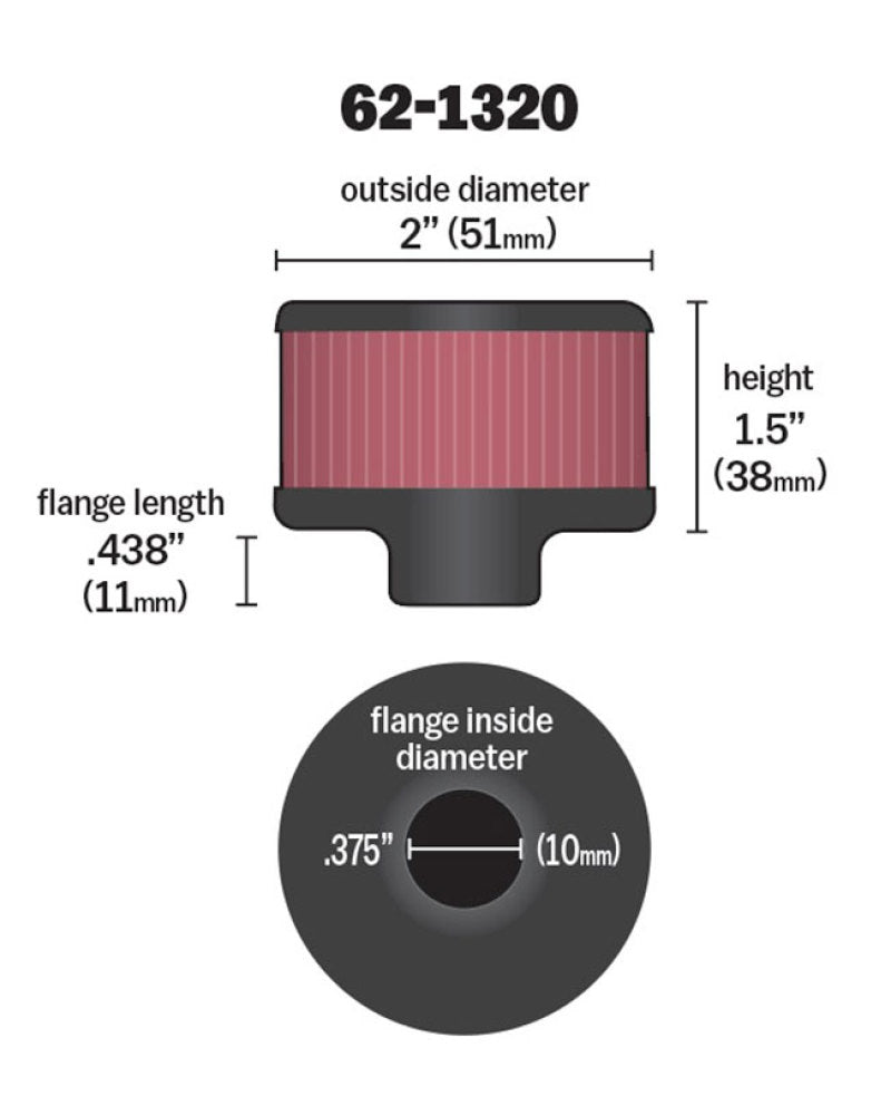 K&N Clamp On Rubber Base Crankcase Vent Filter 0.375in Flange ID x 2in OD x 1.5in Height - 62-1320