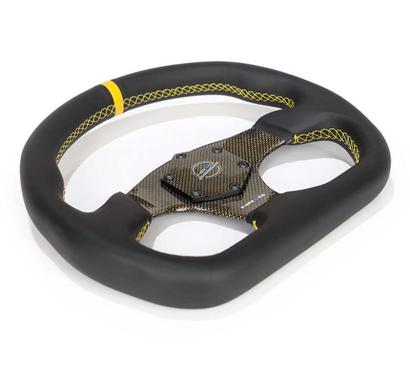 NRG Carbon Fiber Flat Bottom Steering Wheel (320mm) Yellow CF Center w/Yellow Stitch/Yellow Mark - RST-024CF/GD