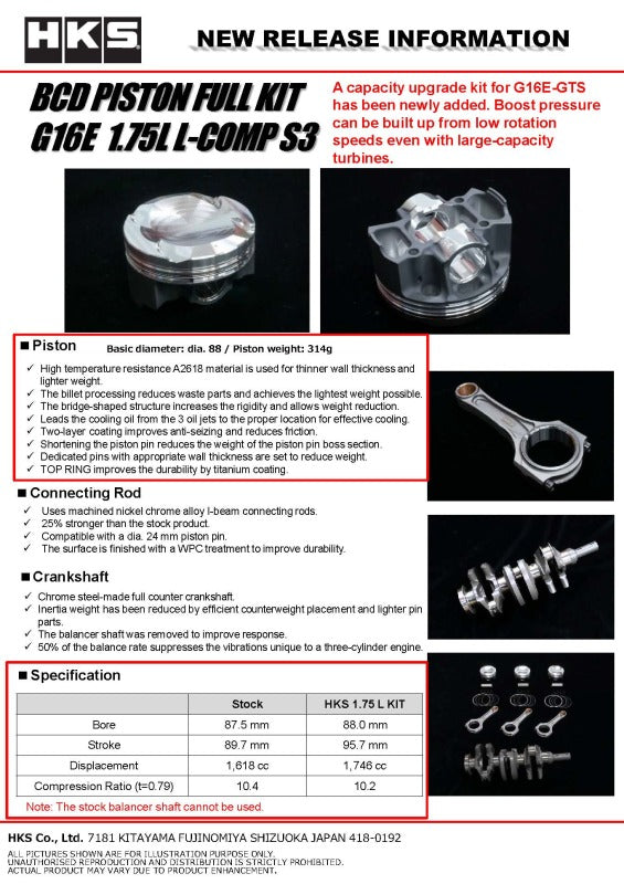 HKS BCD Piston Kit G16E 1.75L L-Comp S3 D88 - 21003-AT008