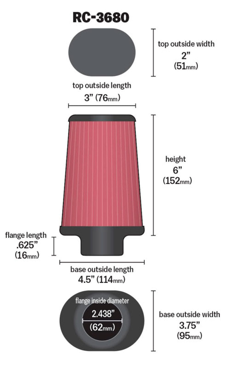 K&N Universal Clamp-On Air Filter 2-7/16in Flange 4-1/2x3-3/4in Base 3x2in Top 6in Height - RC-3680