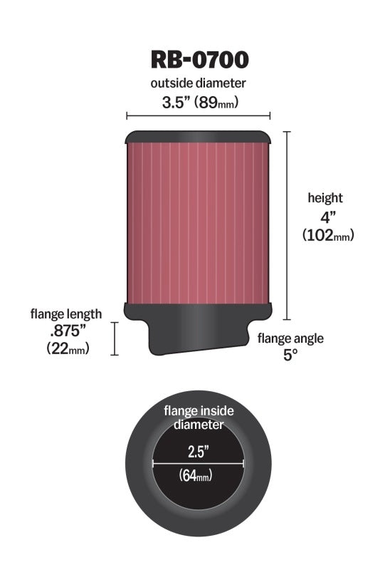 K&N Universal Rubber Filter 2.5 inch 5 Degree FLG 3.5 inch OD 4 inch Height - RB-0700