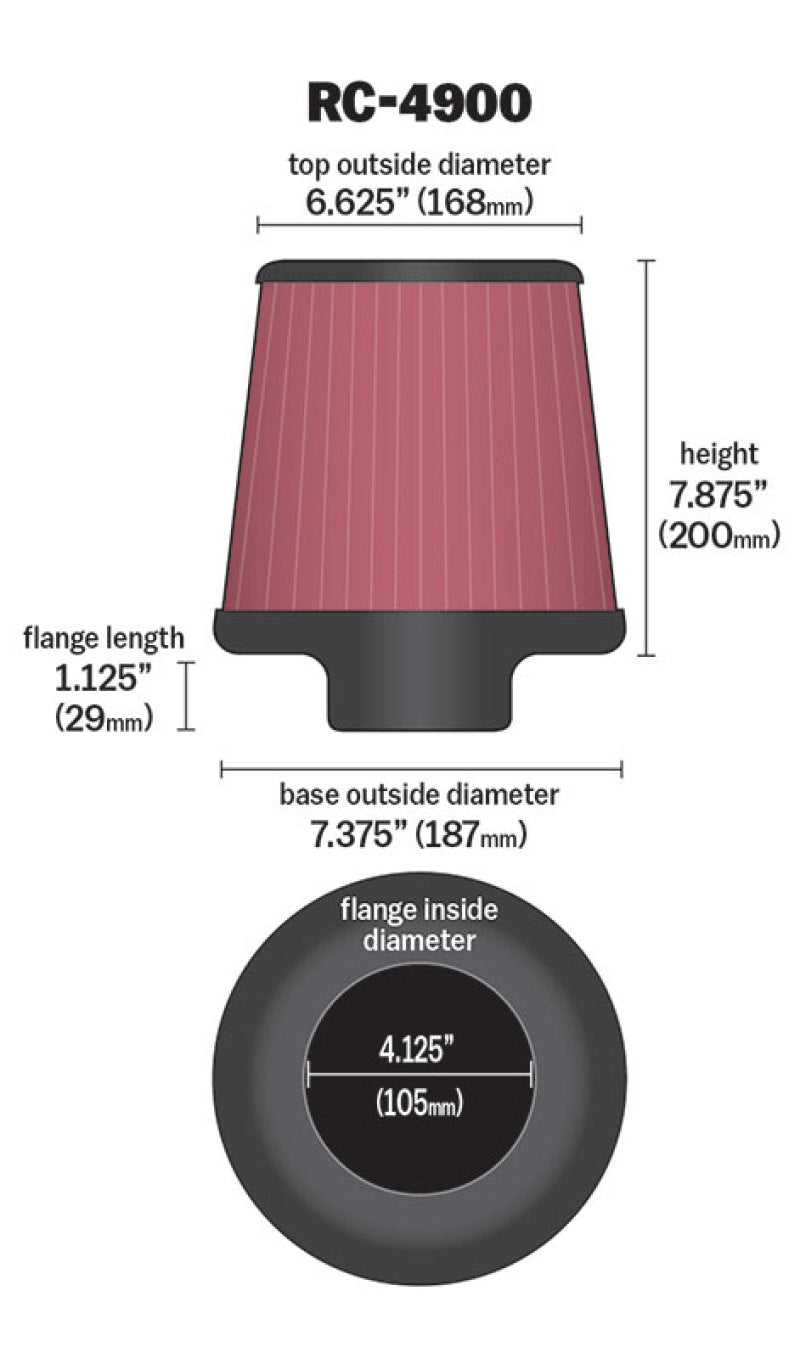 K&N Universal Air Filter Round Tapered 7.375in Base OD / 6.625in Top OD / 7.875in Height - RC-4900