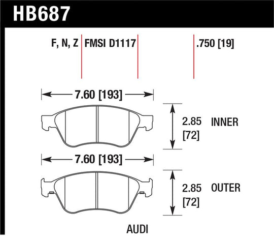 Hawk 04-10 Audi A8 Quattro / 07-11 S6 / 07-10 S8 /  04-06 VW Phaeton HPS Front Street Brake Pads - HB687F.750