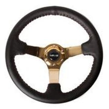 Load image into Gallery viewer, NRG Reinforced Steering Wheel (3in Deep / 4mm) 350mm Blk Leather w/Red BBall Stitch &amp; Gold Spoke - RST-036CG