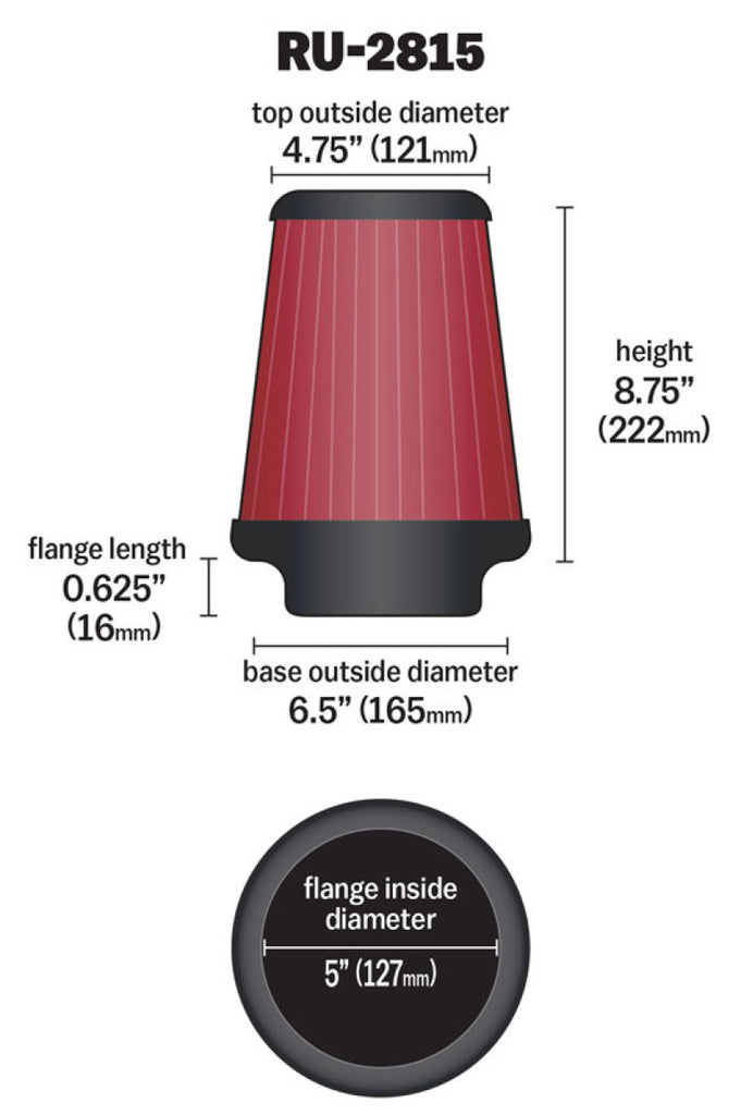 K&N Universal Clamp-On Air Filter 5in FLG / 6-1/2in B / 4-3/8in T / 8-3/4in H - RU-2815