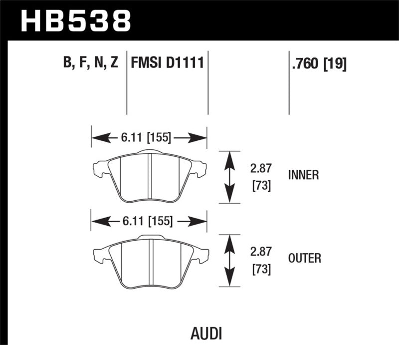 Hawk 09 Audi A4 Cabriolet / 05-07 A4 / 05-09 A4 Quattro / 06-09 A6 / 08 VW R32 HPS Front Brake Pads - HB538F.760