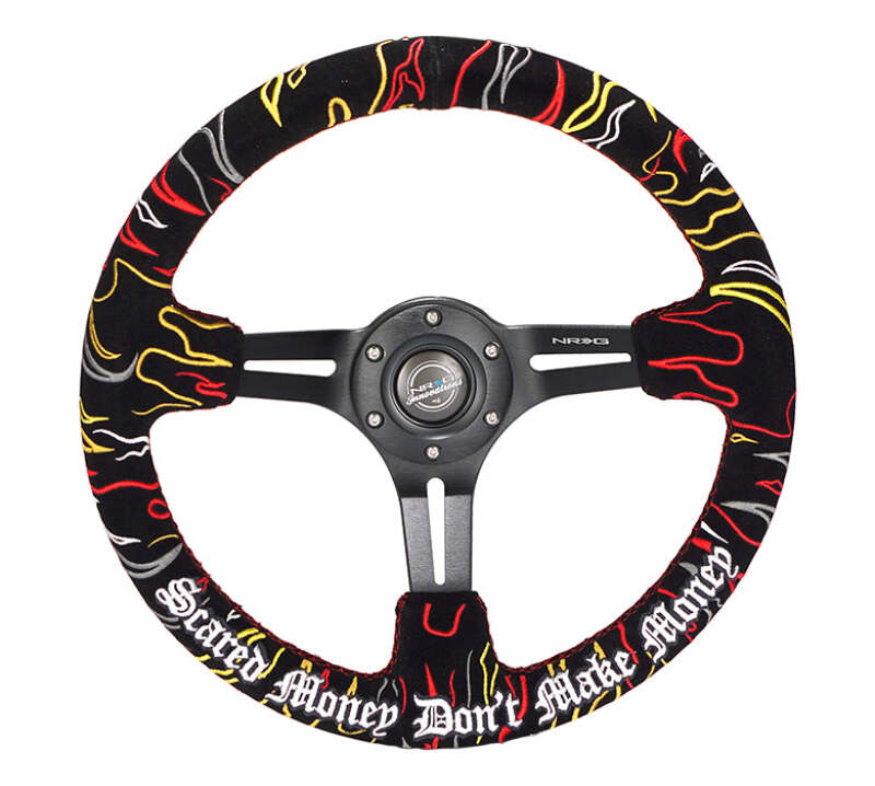 NRG Reinforced Steering Wheel (3in. Deep) Ryan Litteral Sig Red Alcan, Red Stich, Flame Embroidery - RST-018MB-RLB