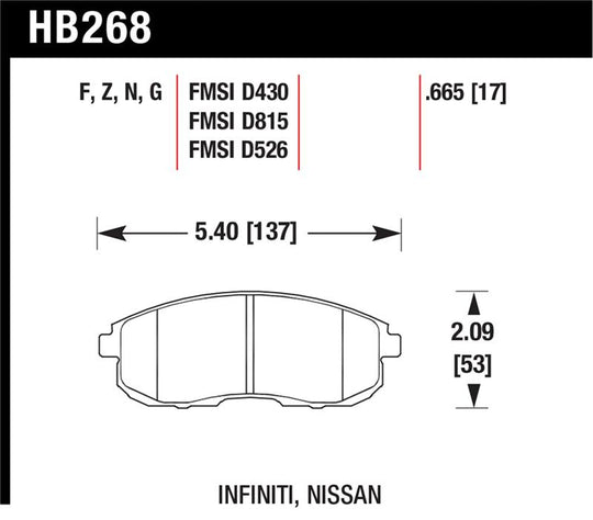 Hawk 03-04 G35/03-05 G35X/ 02-05 350z w/o Brembo HPS Street Front Brake Pads - HB268F.665