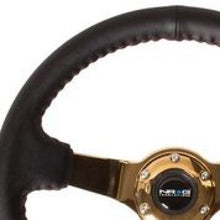 Load image into Gallery viewer, NRG Reinforced Steering Wheel (3in Deep / 4mm) 350mm Blk Leather w/Red BBall Stitch &amp; Gold Spoke - RST-036CG