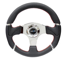 Load image into Gallery viewer, NRG Reinforced Steering Wheel (320mm) Blk Leather/Red Stitching w/Chrome 3-Spoke Center - RST-008R