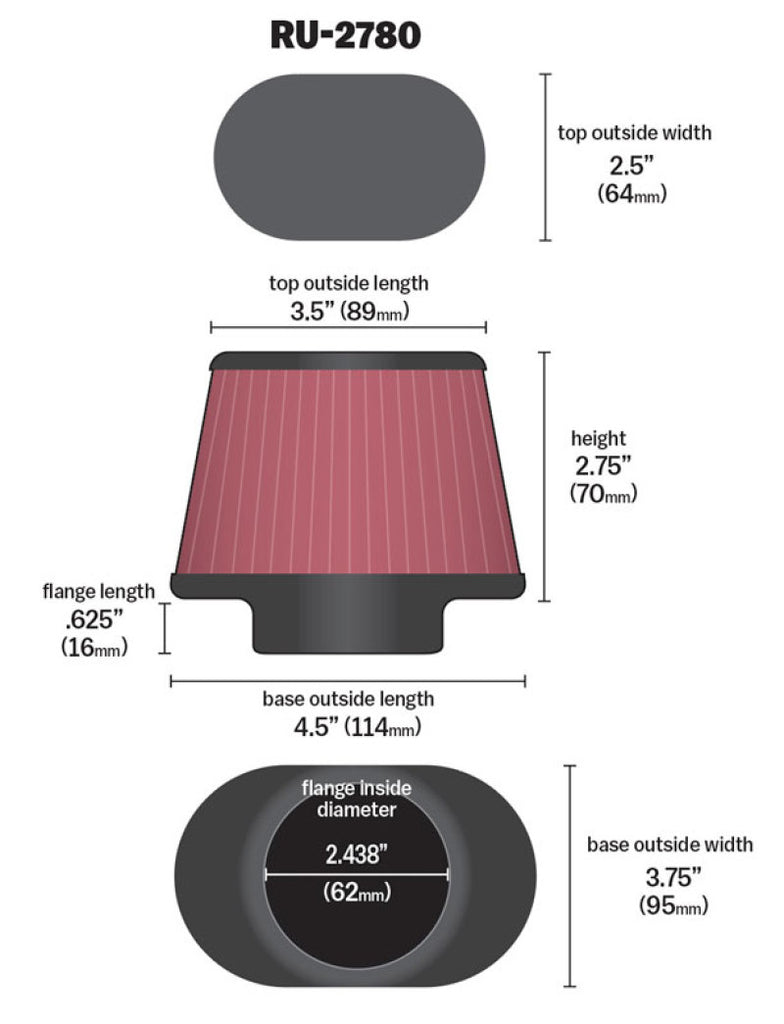 K&N Filter Universal Rubber Filter 2 7/16 inch Flange 4.5x3.75 inch Base 3.5x2.5 inch Top 2.75 inch - RU-2780