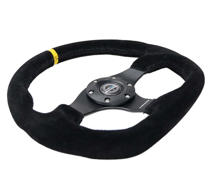 NRG Reinforced Steering Wheel (320mm) Sport Suede Flat Bottom w/ Yellow Center Mark - RST-024MB-S-Y