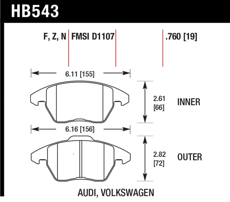 Hawk 2006-2009 Audi A3 TFSIi Quattro 2.0 HPS 5.0 Front Brake Pads - HB543B.760