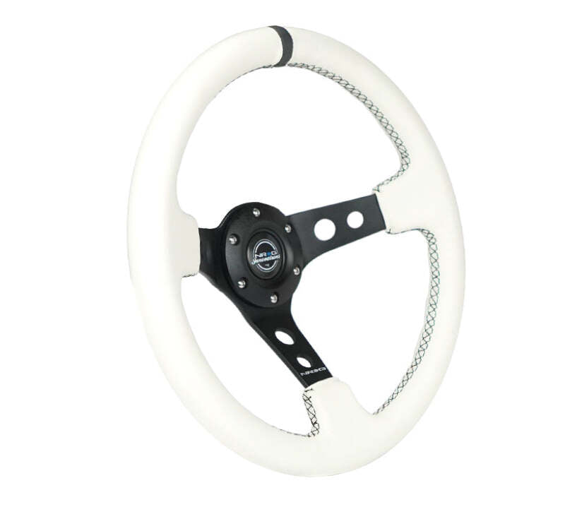 NRG Reinforced Steering Wheel (350mm/3in. Deep) White Leather w/Blk Spoke/Round Holes/White Stripes - RST-006BK-WT-B