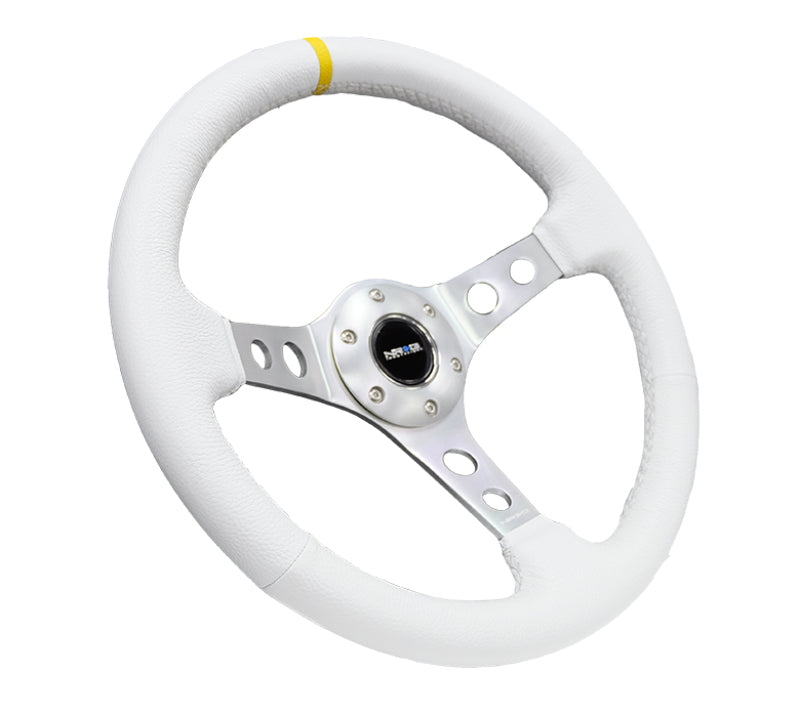 NRG Reinforced Steering Wheel (350mm / 3in. Deep) White Leather w/Silver Spoke & Single Yellow Mark - RST-006WT-Y