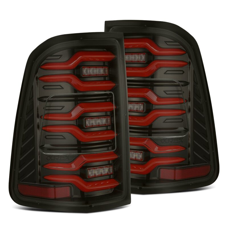 AlphaRex 19-21 Dodge Ram 1500 Luxx-Series LED Tail Lights Black/Red w/Activ Light/Seq Signal - 640050