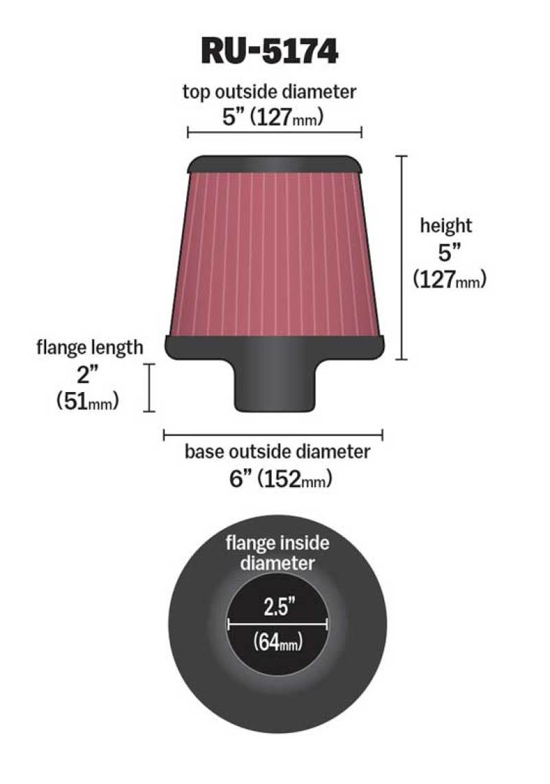 K&N Universal Rubber Filter-Round Tapered 2.5in Flange ID x 6in Base OD x 5in Top OD x 5in Height - RU-5174