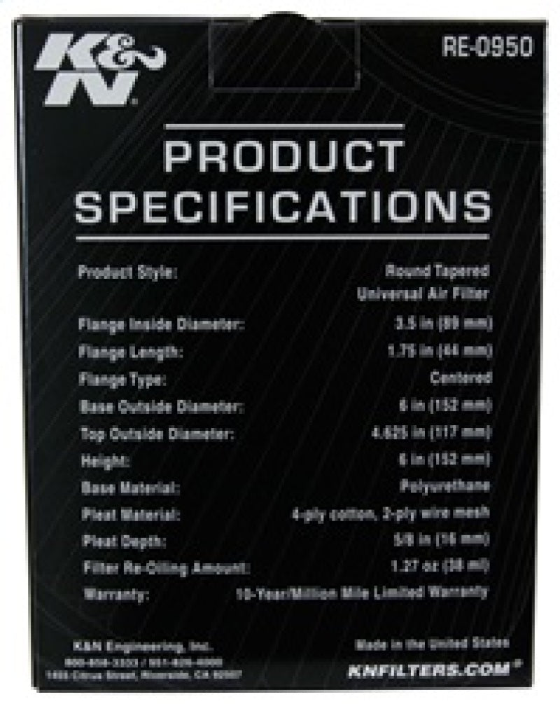 K&N Universal Rubber Filter 3 1/2inch ID FLG / 6inch Base / 4-5/8inch Top / 6inch Height - RE-0950