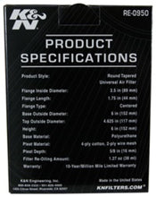 Load image into Gallery viewer, K&amp;N Universal Rubber Filter 3 1/2inch ID FLG / 6inch Base / 4-5/8inch Top / 6inch Height - RE-0950