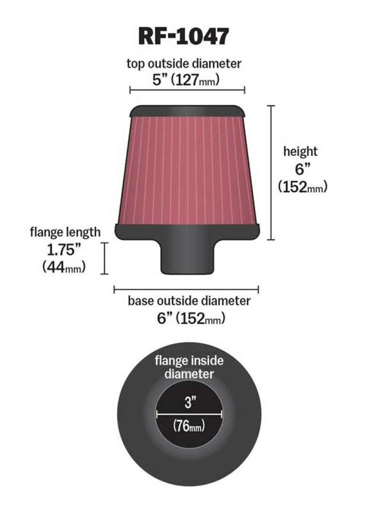 K&N Round Tapered Universal Air Filter 3 inch Flange 6 inch Base 5 inch Top 6 inch Height - RF-1047