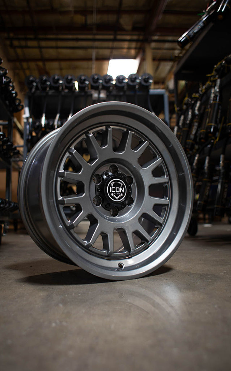 ICON Anza 17x8.5 5x5 -6mm Offset 4.5in BS 71.5mm Hub Bore Gun Metal Wheel - 8217857345GM