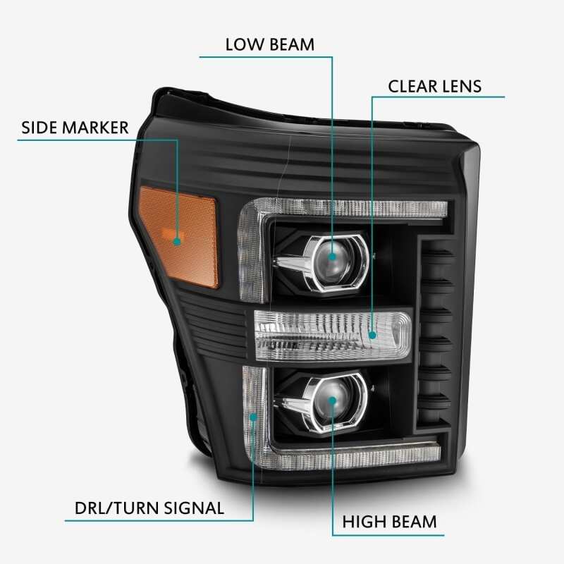 AlphaRex 11-16 Ford F-350 SD LUXX LED Proj Headlights Plank Style Black w/Activ Light/Seq Signal - 880146