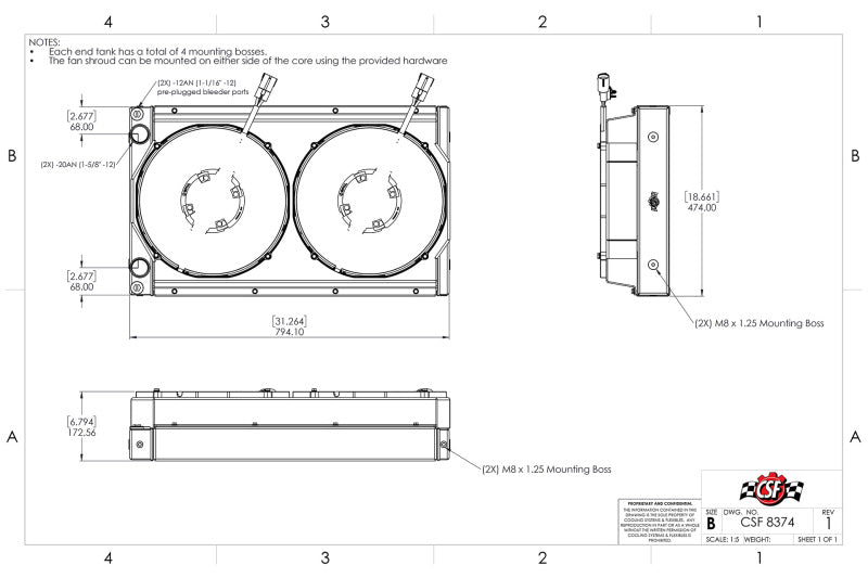 CSF Motorsport Radiator with Shroud - 14in SPAL Brushless Fans - Harnesses - 8374