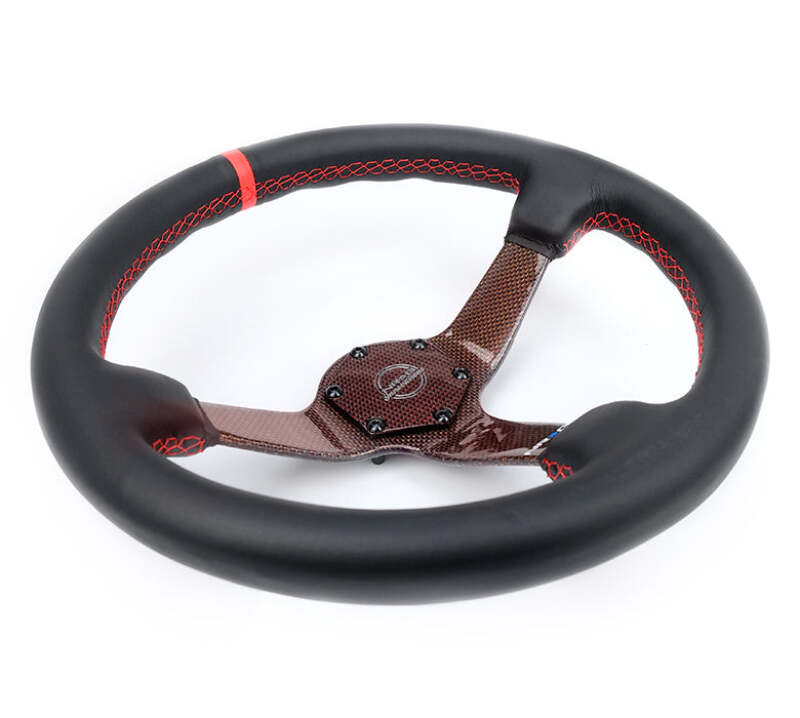 NRG Carbon Fiber Steering Wheel 350mm 3in Deep Red Carbon Fiber Red Stiching Red Center Mark Leather - RST-036CF-RD