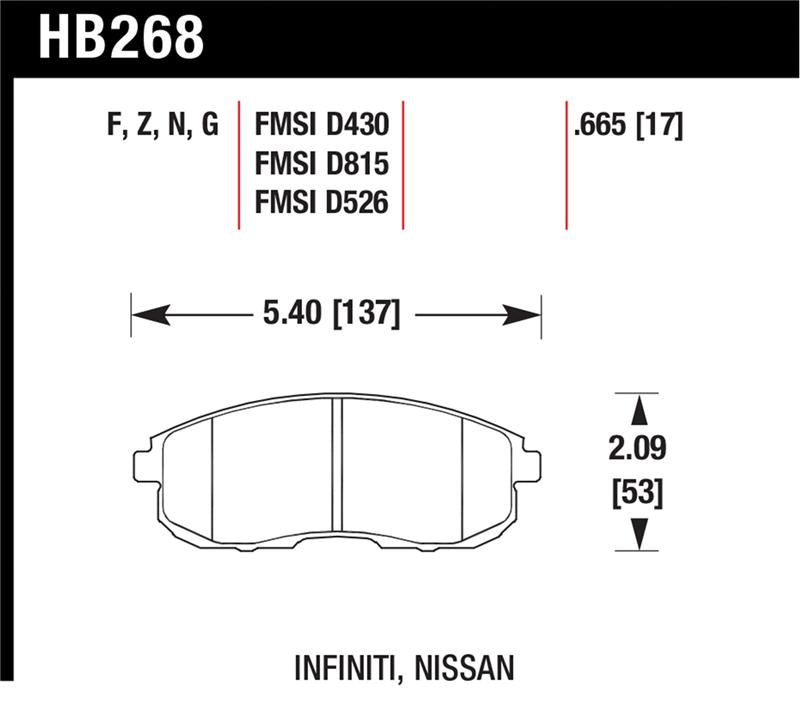 Hawk 03-04 G35/03-05 G35X/ 02-05 350z w/o Brembo HP+ Street Front Brake Pads - HB268N.665