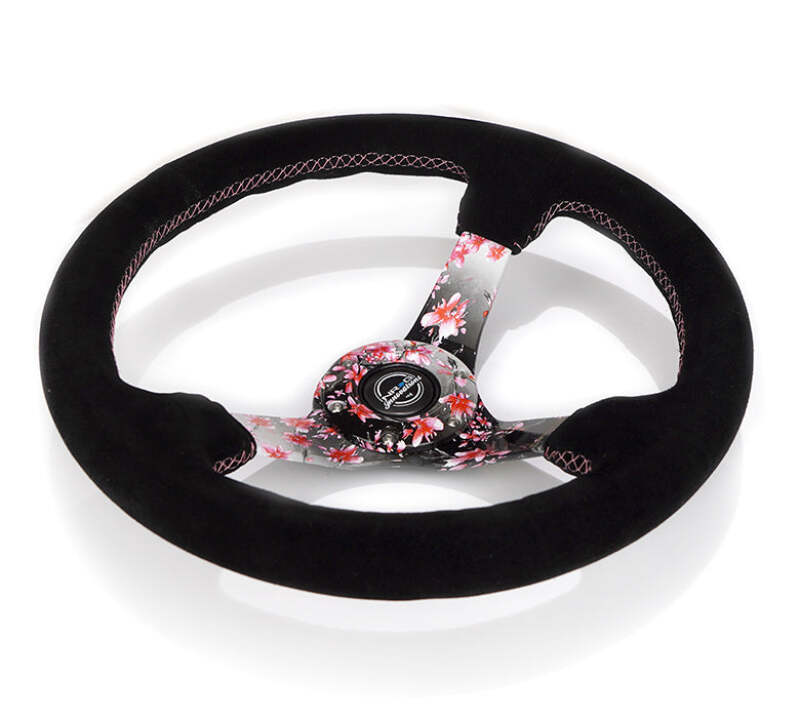 NRG Reinforced Steering Wheel (350mm) 3in Deep Pink Sakura Floral Solid Spoke - Black Suede/Stitch - RST-036SAK-S