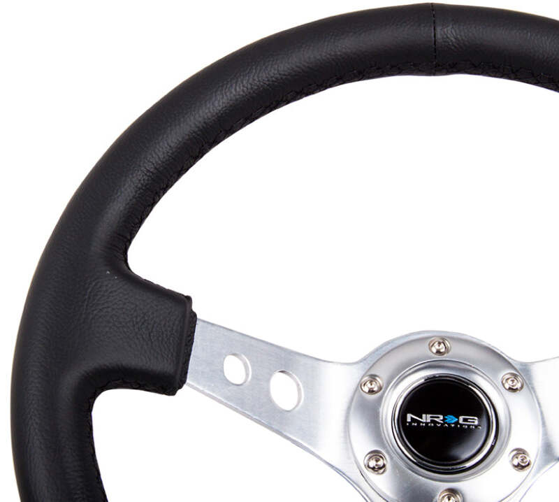 NRG Reinforced Steering Wheel (350mm/3in. Deep) White Leather w/Blk Spoke/Round Holes/White Stripes - RST-006BK-WT-B