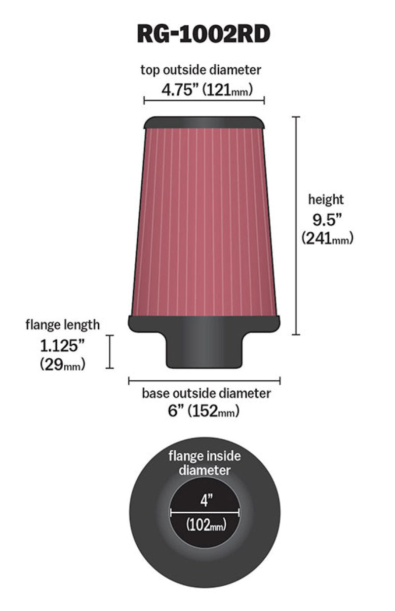 K&N Universal Air Filter Chrome Round Tapered Red - 4in Flange ID x 1.125in Flange Length x 9.5in H - RG-1002RD