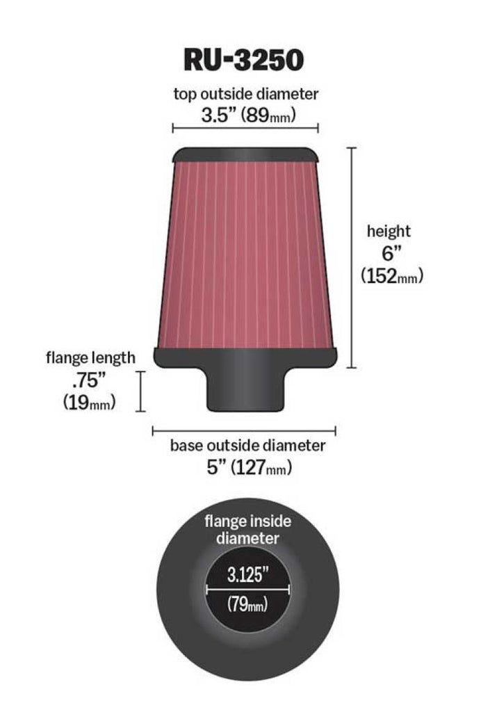 K&N Universal Tapered Filter 3.125in Flange ID x 5in Base OD x 3.5in Top OD x 6in Height - RU-3250