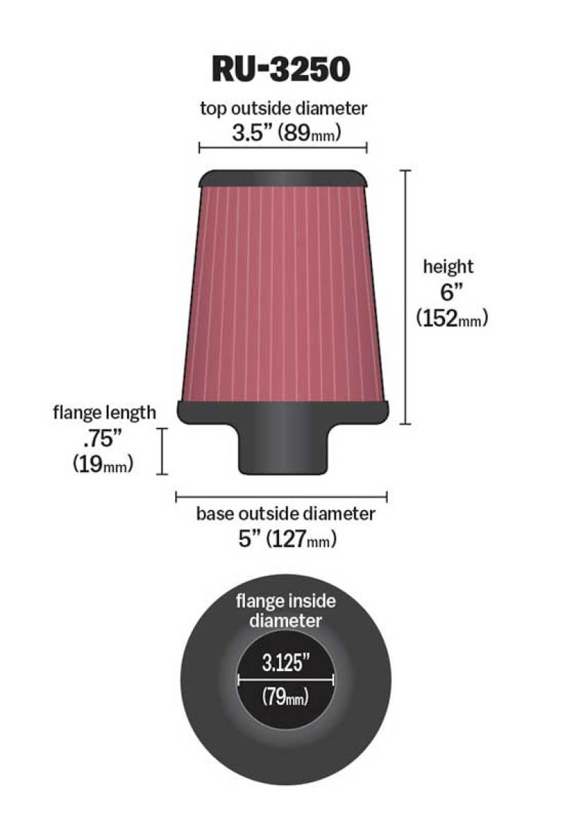 K&N Universal Tapered Filter 3.125in Flange ID x 5in Base OD x 3.5in Top OD x 6in Height - RU-3250