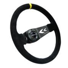 Load image into Gallery viewer, NRG Reinforced Steering Wheel (350mm / 3in. Deep) Blk Suede w/NRG Arrow Cut 2-Spoke &amp; Yellow Mark - RST-022S-Y