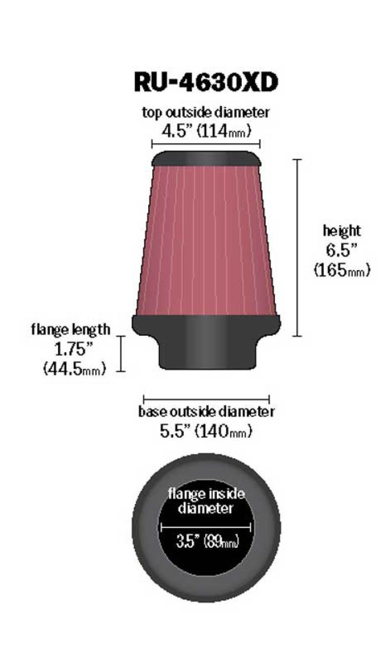 K&N Universal Air Filter 3-1/2in Flange / 5-1/2in Base / 4-1/2in Top / 6-1/2in Height - RU-4630XD