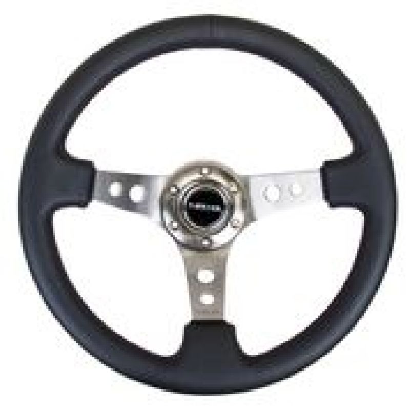 NRG Reinforced Steering Wheel (350mm / 3in. Deep) Blk Leather w/Gunmetal Circle Cutout Spokes - RST-006GM