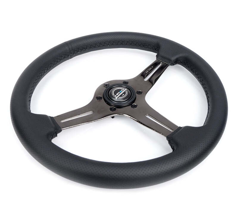 NRG Light Weight Gaming Steering Wheel - 350mm 3 Black Chrome Silver Spokes Perforated Leather - ST-018BC-PR