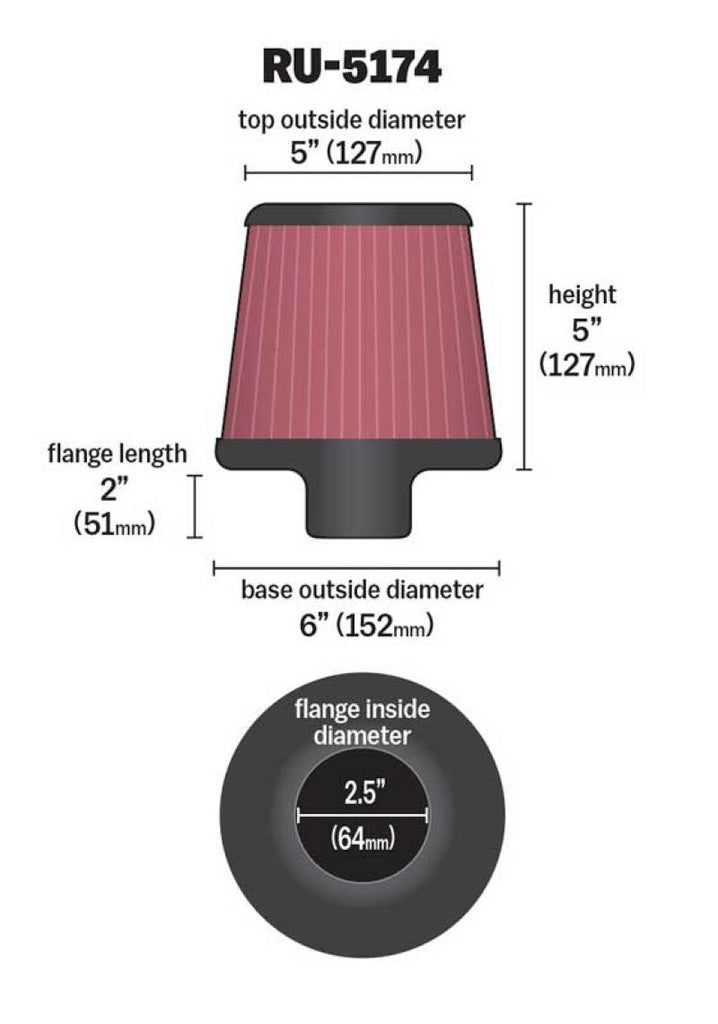 K&N Universal Rubber Filter-Round Tapered 2.5in Flange ID x 6in Base OD x 5in Top OD x 5in Height - RU-5174