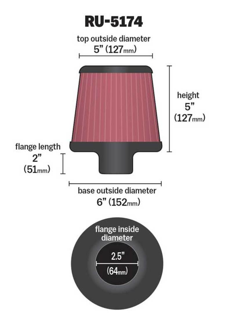 K&N Universal Rubber Filter-Round Tapered 2.5in Flange ID x 6in Base OD x 5in Top OD x 5in Height - RU-5174