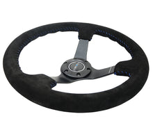 Load image into Gallery viewer, NRG Reinforced Steering Wheel (350mm / 3in. Deep) Blk Suede/Blue BBall Stitch w/5mm Matte Blk Spokes - RST-036MB-S-BL