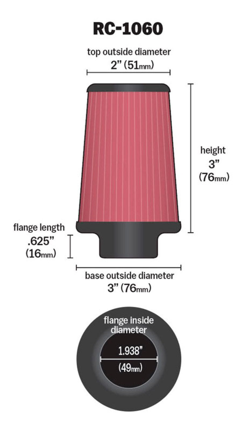 K&N Universal Chrome Filter 1 15/16 inch FLG / 3 inch Base / 2 inch Top / 3 inch Height - RC-1060