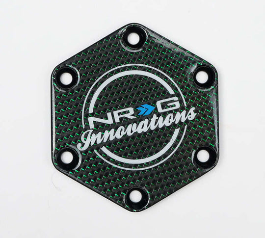 NRG Carbon Fiber w/ Green Texalium Fabrics Horn Delete Button Circular Logo Front/ Back - STR-640CF/GN