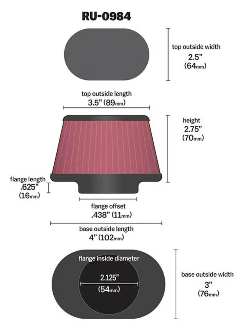 K&N Universal Rubber Filter 2.125in Flange ID/3in x 4in Tapered Oval/2.75in Height (4 Filters) - RU-0984