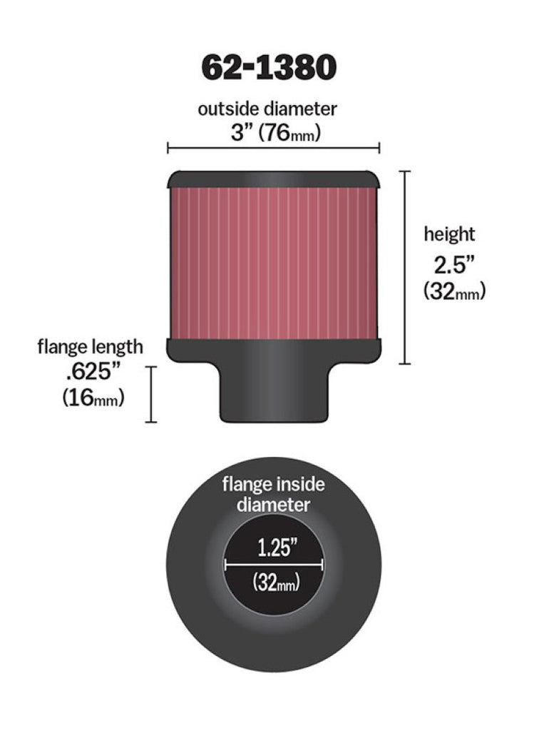 K&N 1.25in Flange ID x 3in OD x 2.5 inch H Rubber Base Crankcase Vent Filter - 62-1380