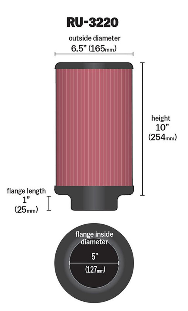 K&N Filter Universal Rubber Filter 5in Flange ID / 6.5in OD / 10in Height - RU-3220
