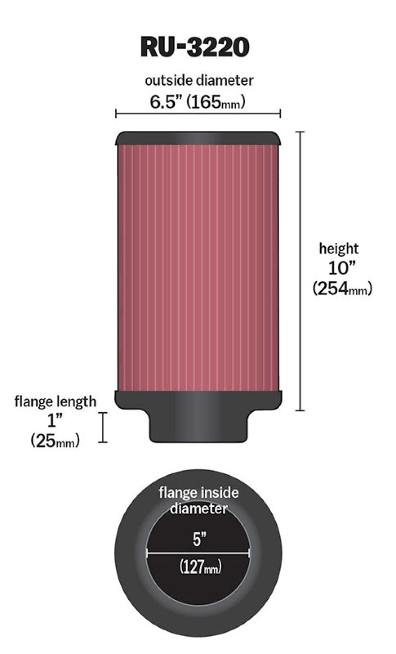 K&N Filter Universal Rubber Filter 5in Flange ID / 6.5in OD / 10in Height - RU-3220